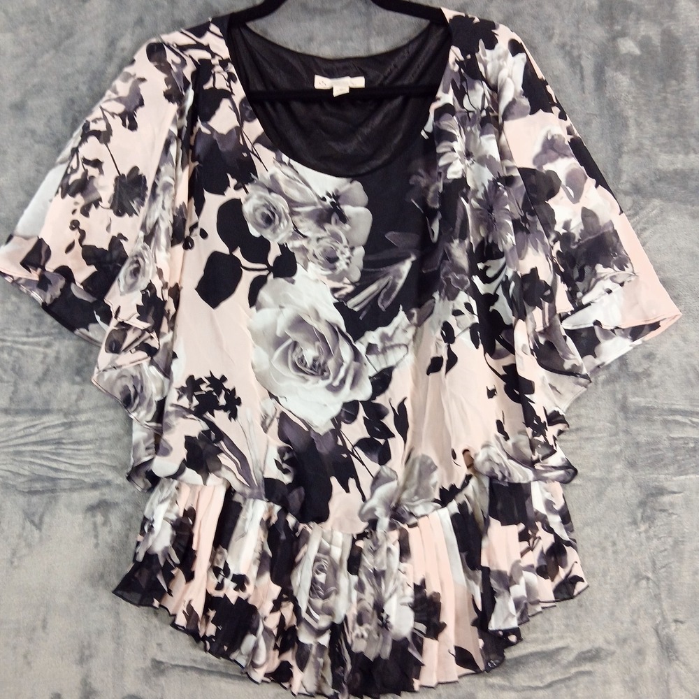 Established 1362 Blouse Womens 10 Black White Pink Floral Ruffle Pleated Hem Top
